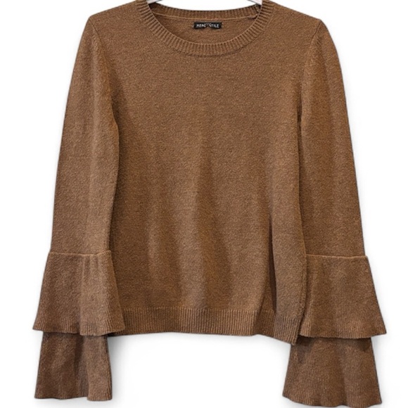 J. Crew Sweaters - J. Crew Mercantile Tan Brown Knit Sweater Medium Layered Bell Sleeves Wool Blend